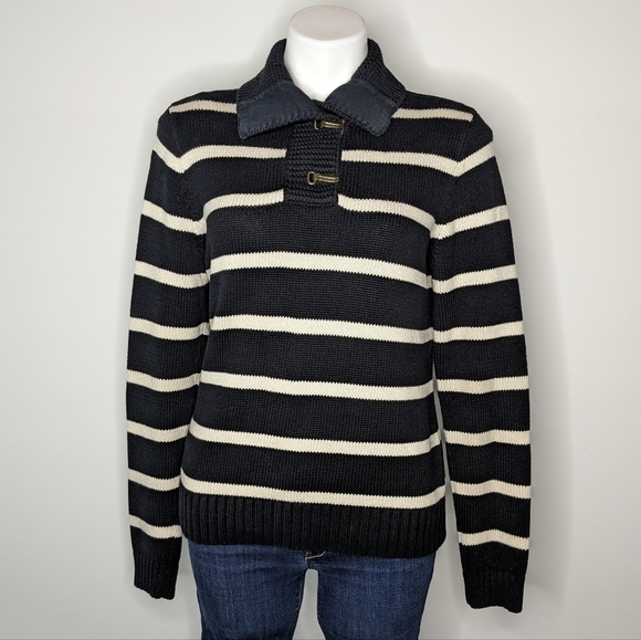 Lauren Ralph Lauren black white striped collared 100% cotton sweater M - Picture 1 of 7